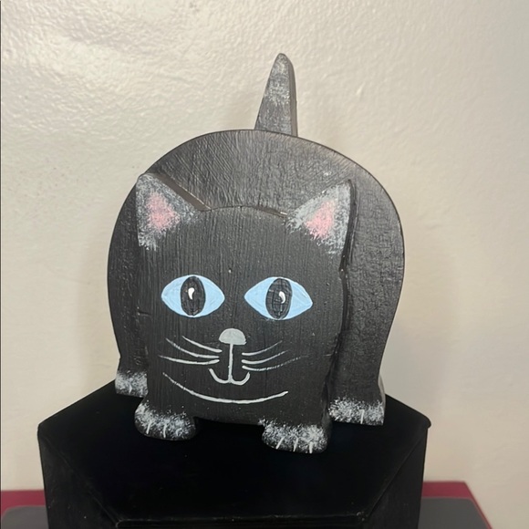 Other - Hand Painted Wooden Crouching Black Cat Vintage 1990s Shelf Sitter Signed